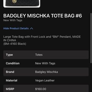 Badgley Mischka Quilted Black Tote Bag Large